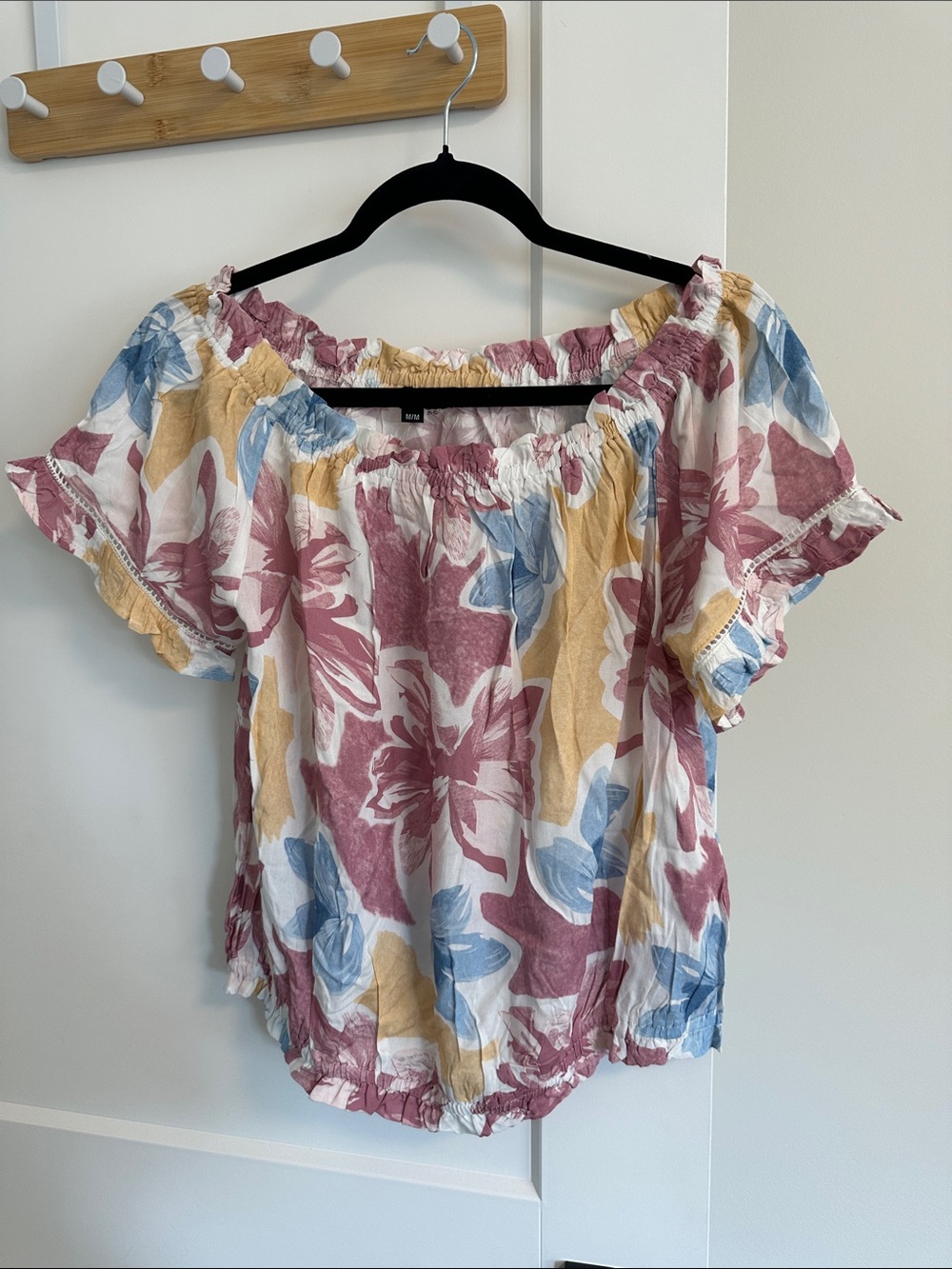 CHARLIE B Off-Shoulder Floral Top - Rose, Blue & Mustard